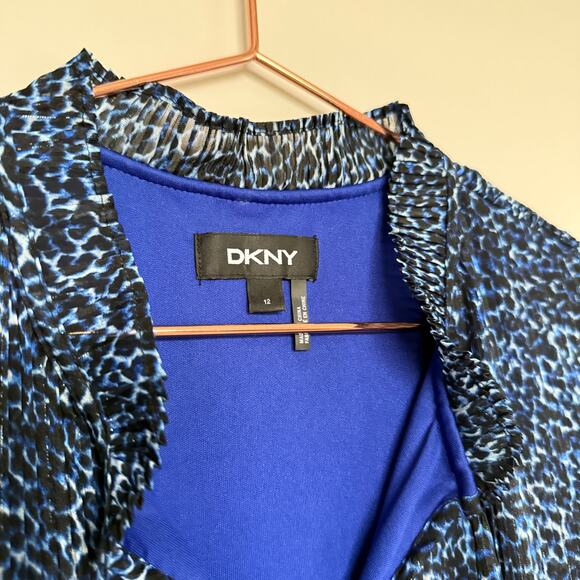 DKNY Womens Dress 12 Blue Pleated Animal Print Tie Neck Mini Office Modest - Picture 4 of 9
